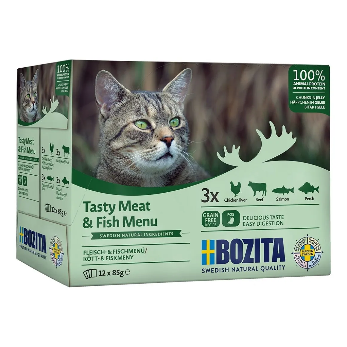 Bozita liha- & kalalajitelma hyytelössä 12 x 85 g